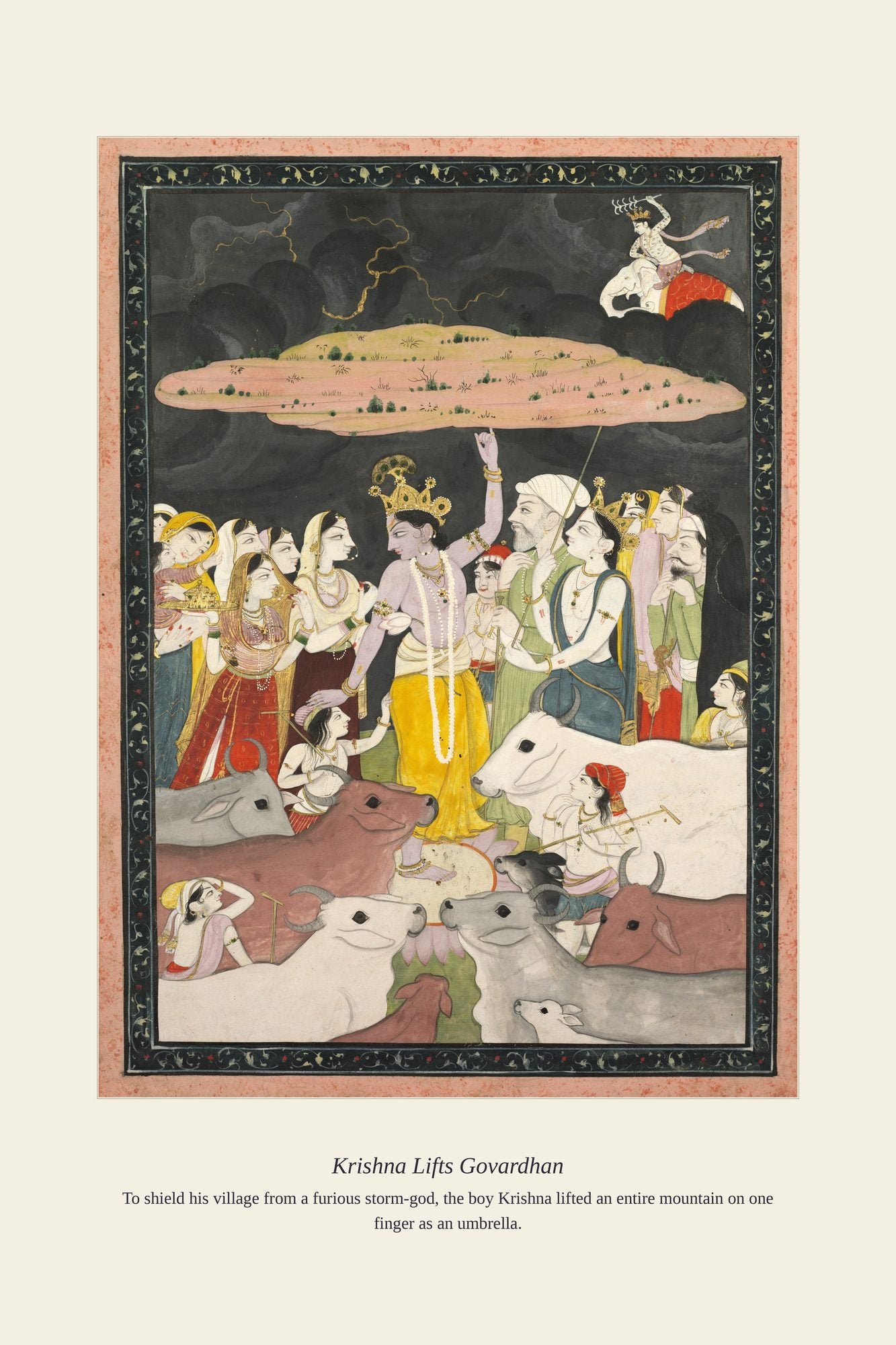 Krishna Lifts Govardhan — antique art print