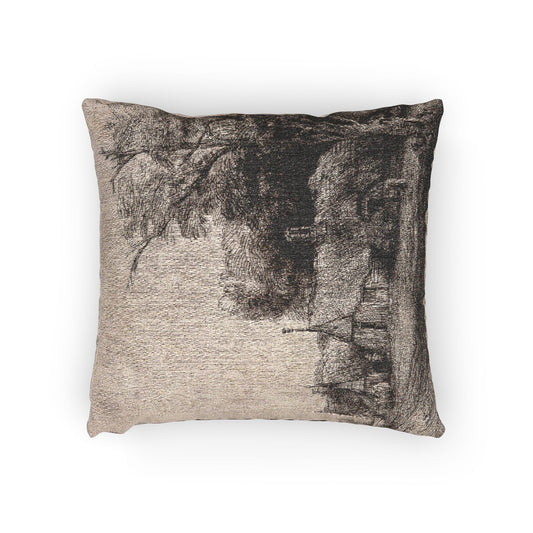 Landscape with Three Gabled Cottages — Rembrandt van Rijn Woven Pillow