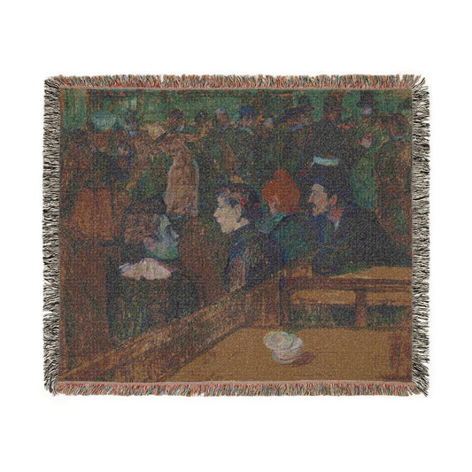 A woven throw blanket featuring a textured impressionist painting of a crowd scene, finished with fringed edges on all sides.