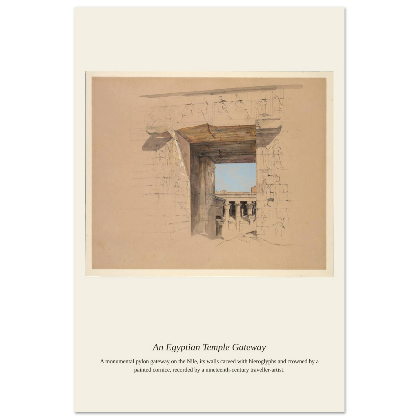 An Egyptian Temple Gateway antique architectural print shown framed on a wall in a styled room
