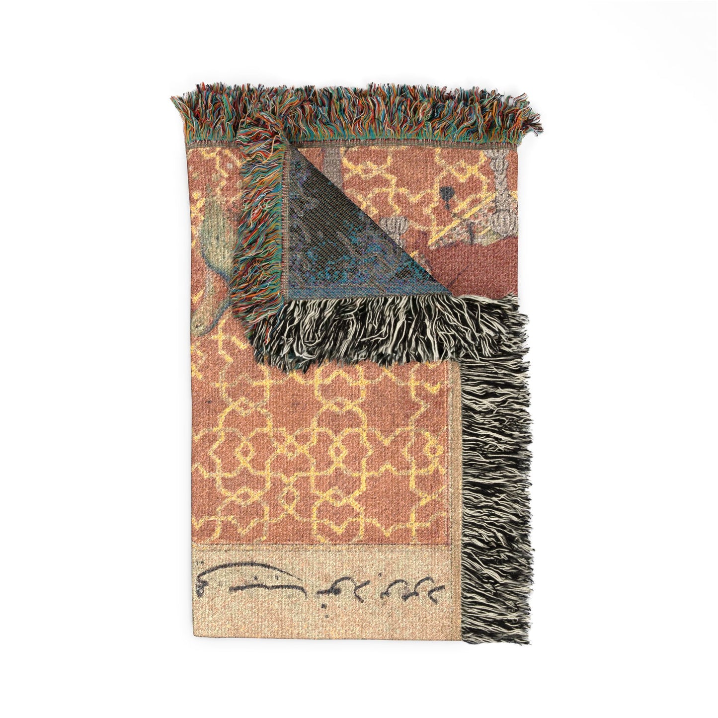 The bird of seven colors brings a sable to the pious man, from a Tuti-nama (Tales of a Parrot): Fifty-second Night Woven Throw Blanket
