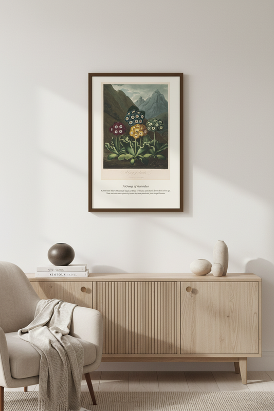 A framed vintage botanical art print titled 'Eclogues of Montanica' is displayed on a light gray wall above a light wood credenza in a styled living room setting with a beige armchair and neutral decor.