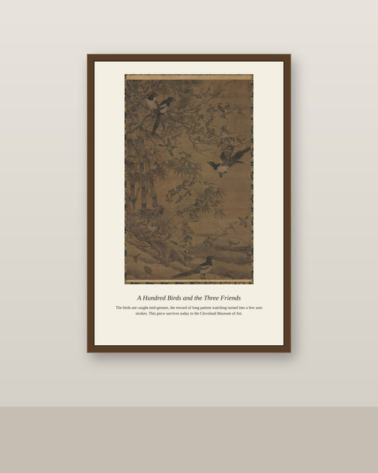 A Hundred Birds and the Three Friends antique natural history print shown framed on a wall in a styled room