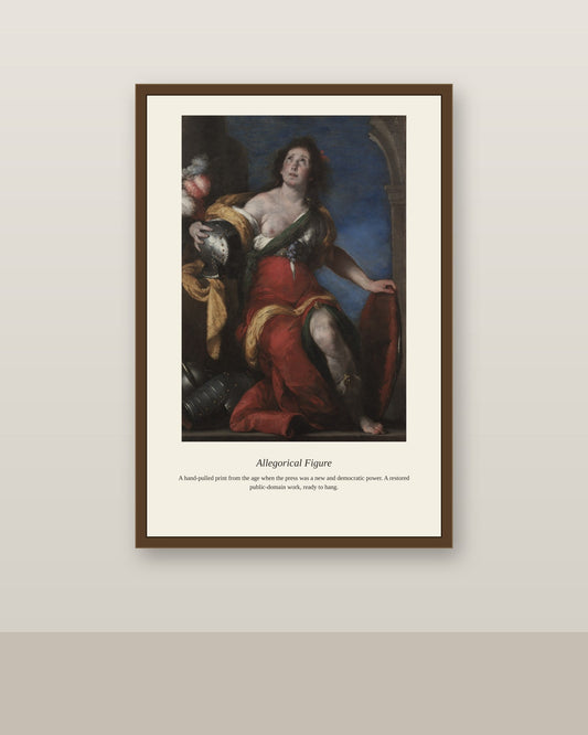Allegorical Figure antique art print shown framed on a wall in a styled room