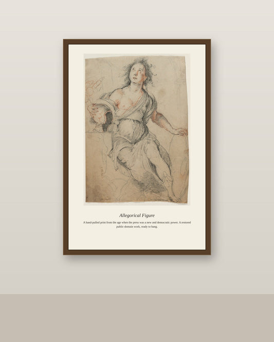 Allegorical Figure (2) antique art print shown framed on a wall in a styled room