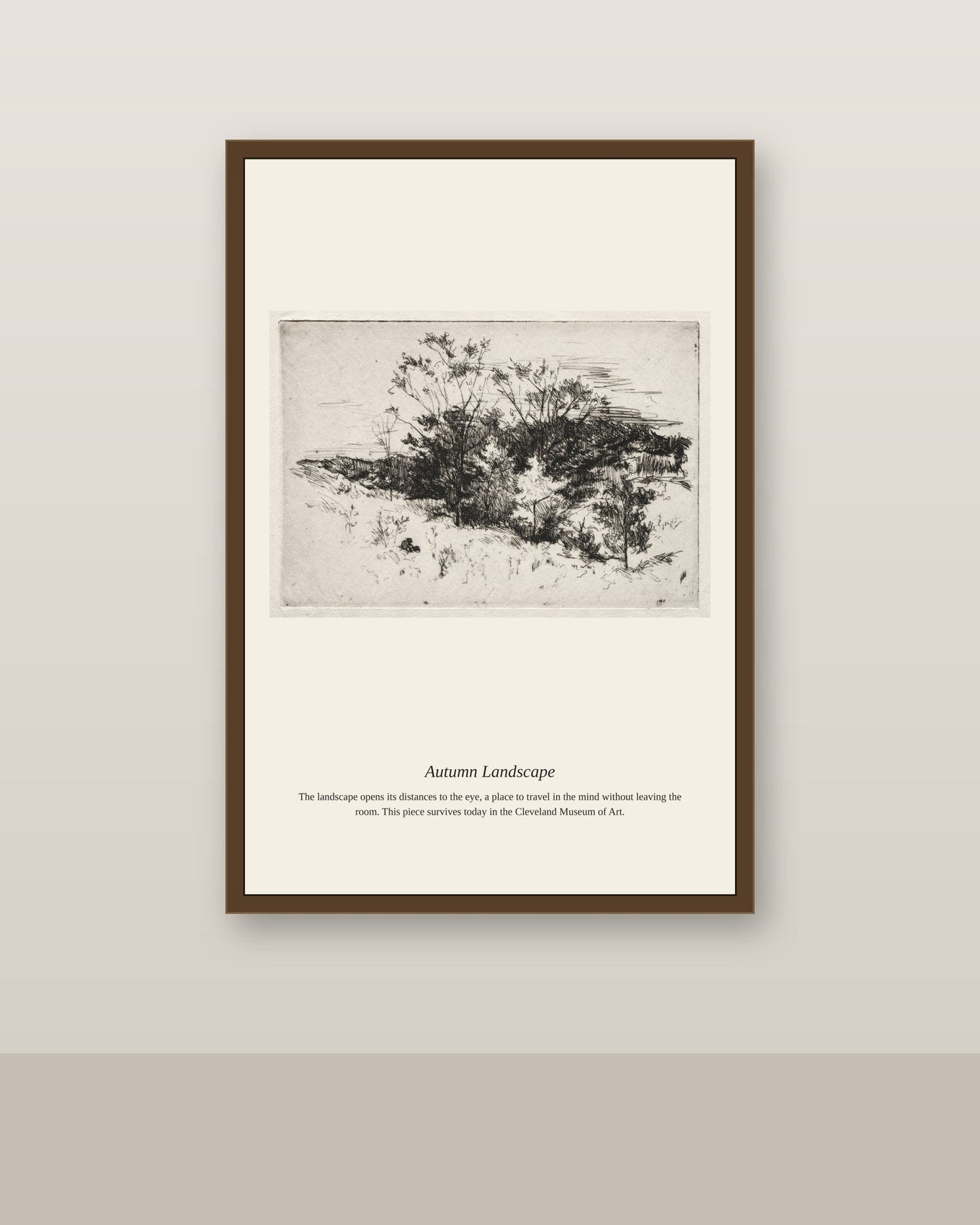 Autumn Landscape antique landscape print shown framed on a wall in a styled room