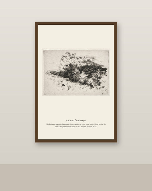 Autumn Landscape antique landscape print shown framed on a wall in a styled room