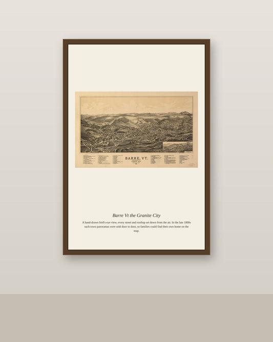 Barre Vt the Granite City antique map print shown framed on a wall in a styled room