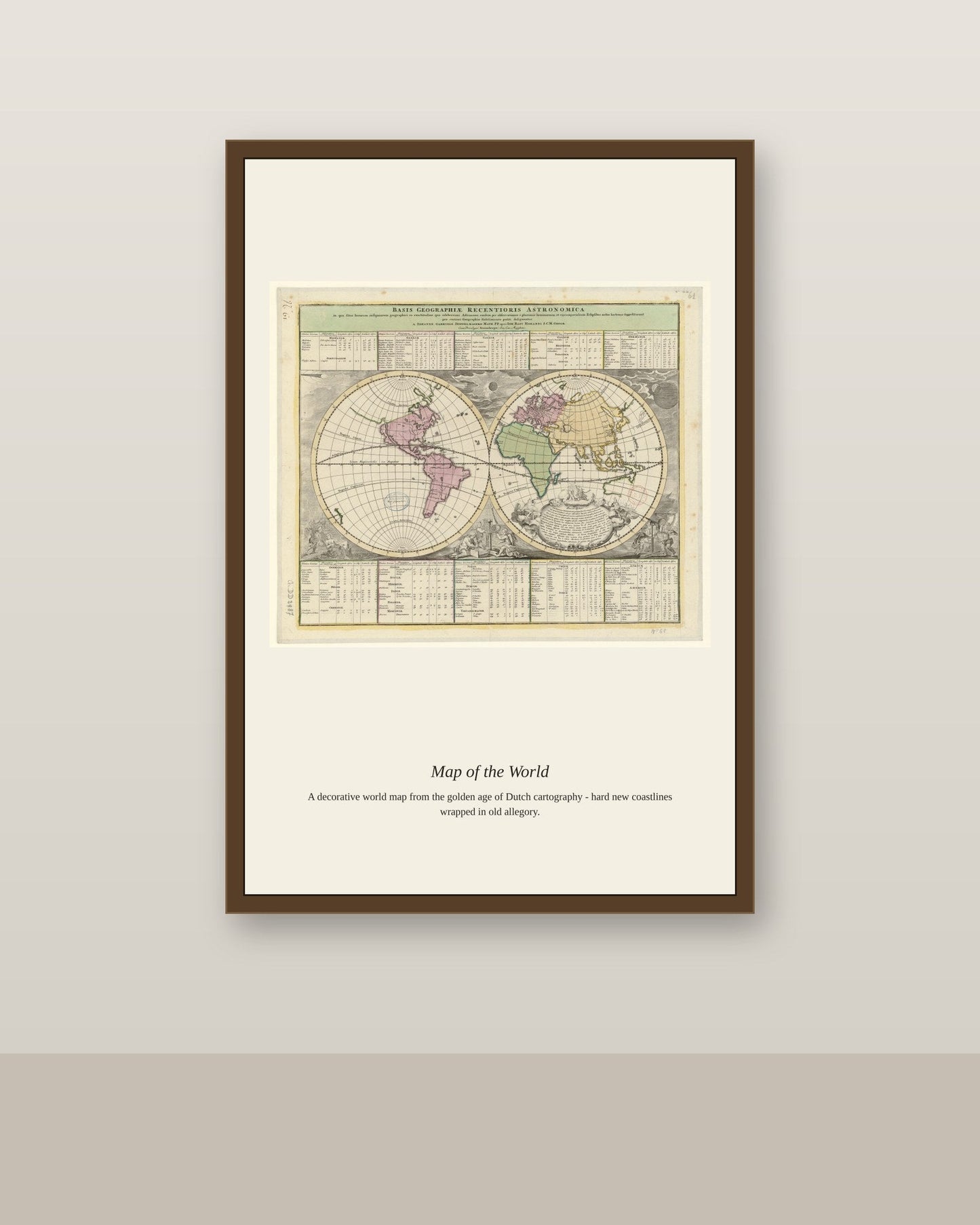 Basis Geographiae Recentioris Astronomica antique art print shown framed on a wall in a styled room