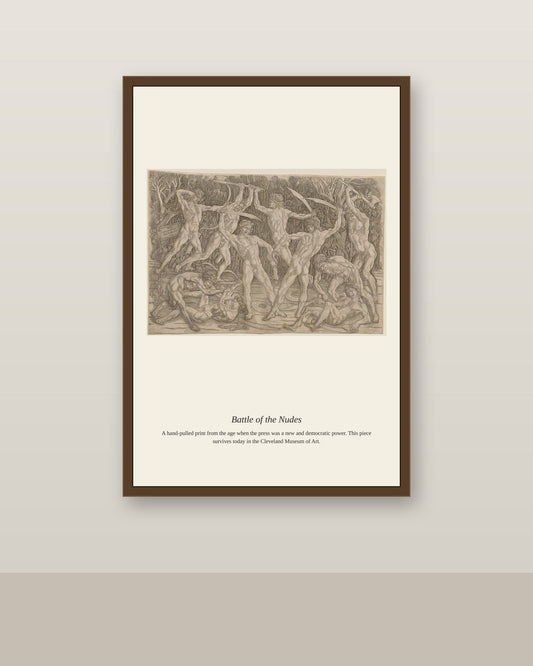 Battle of the Nudes antique historical print shown framed on a wall in a styled room