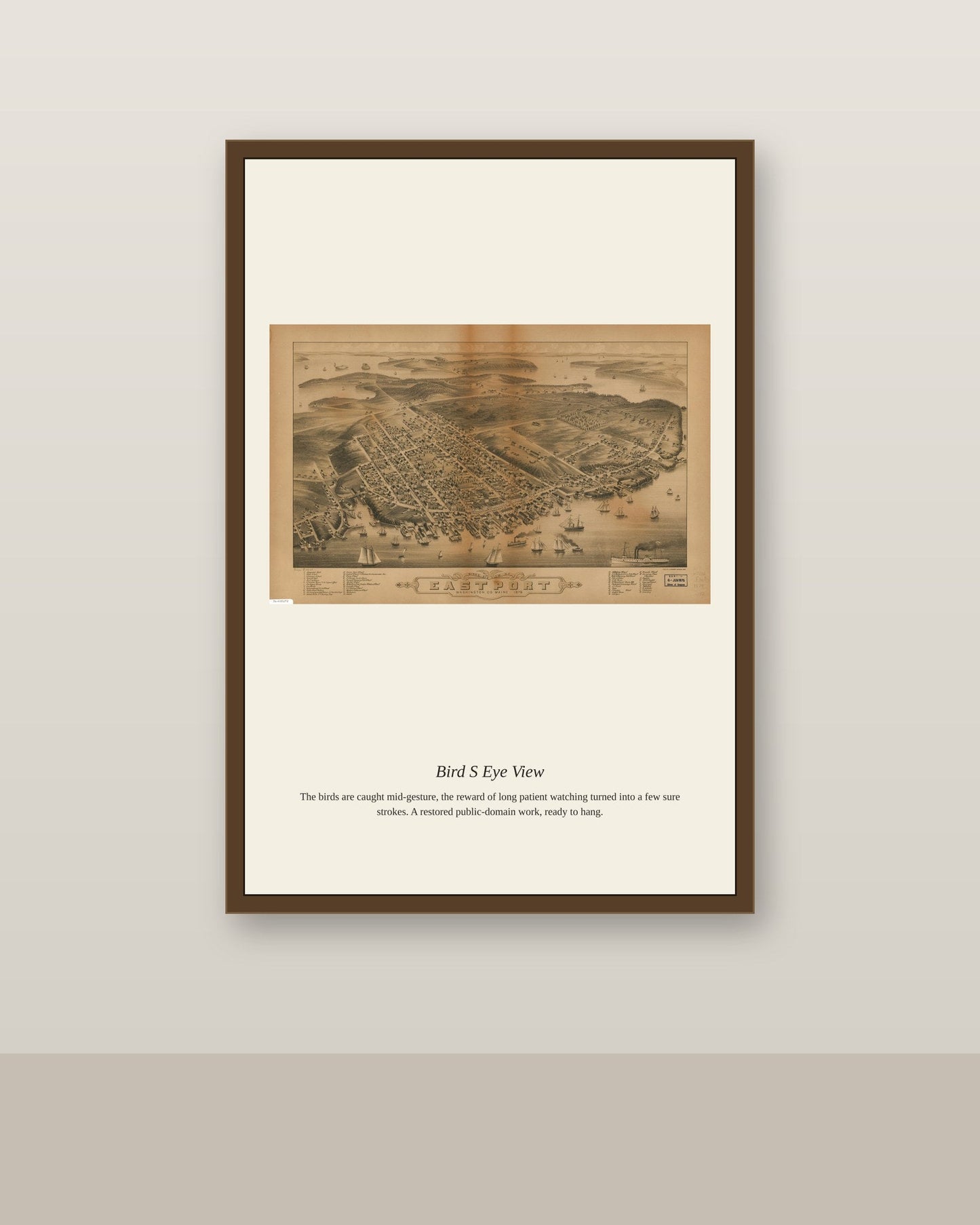 Bird's Eye View (8) antique map print shown framed on a wall in a styled room