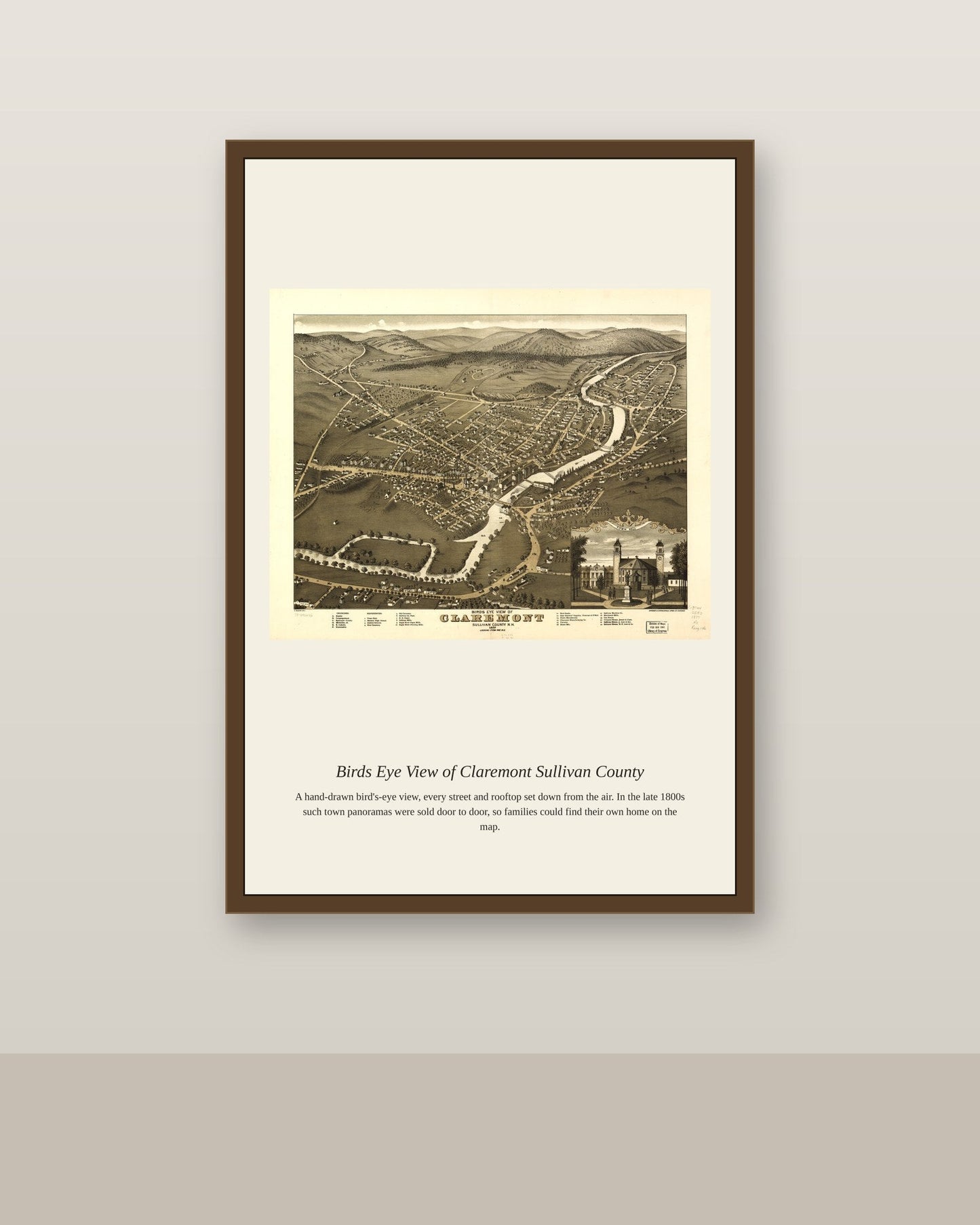 Birds Eye View of Claremont Sullivan County antique map print shown framed on a wall in a styled room