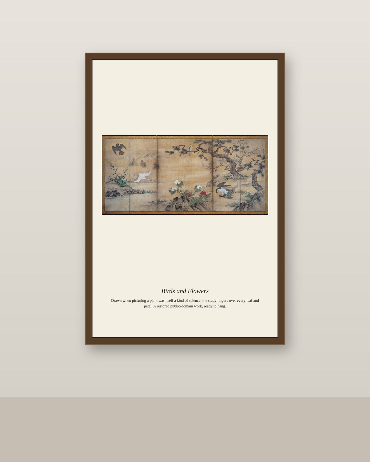 Birds and Flowers antique botanical print shown framed on a wall in a styled room