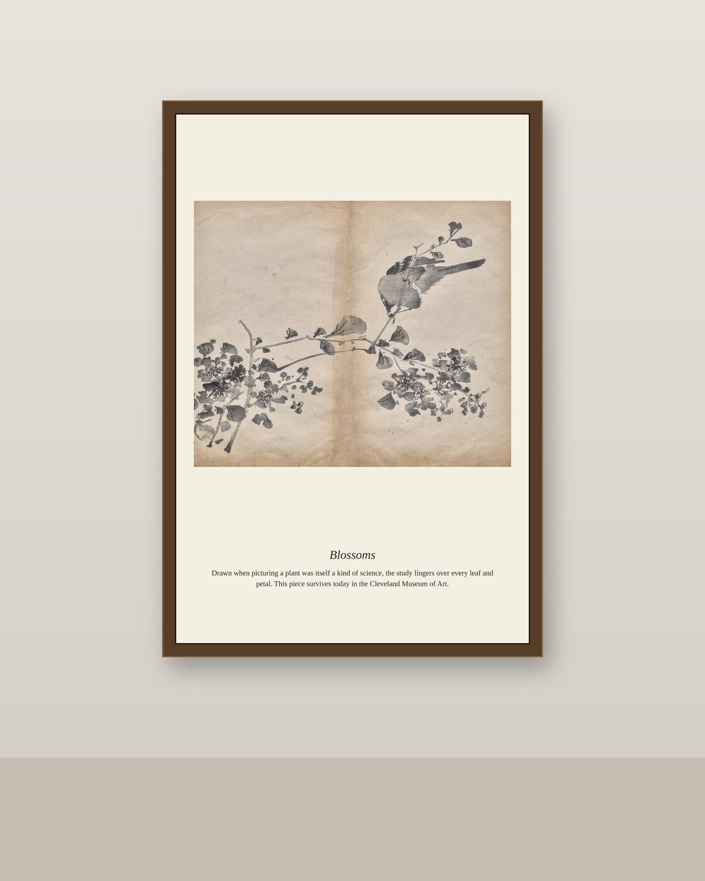 Blossoms antique botanical print shown framed on a wall in a styled room