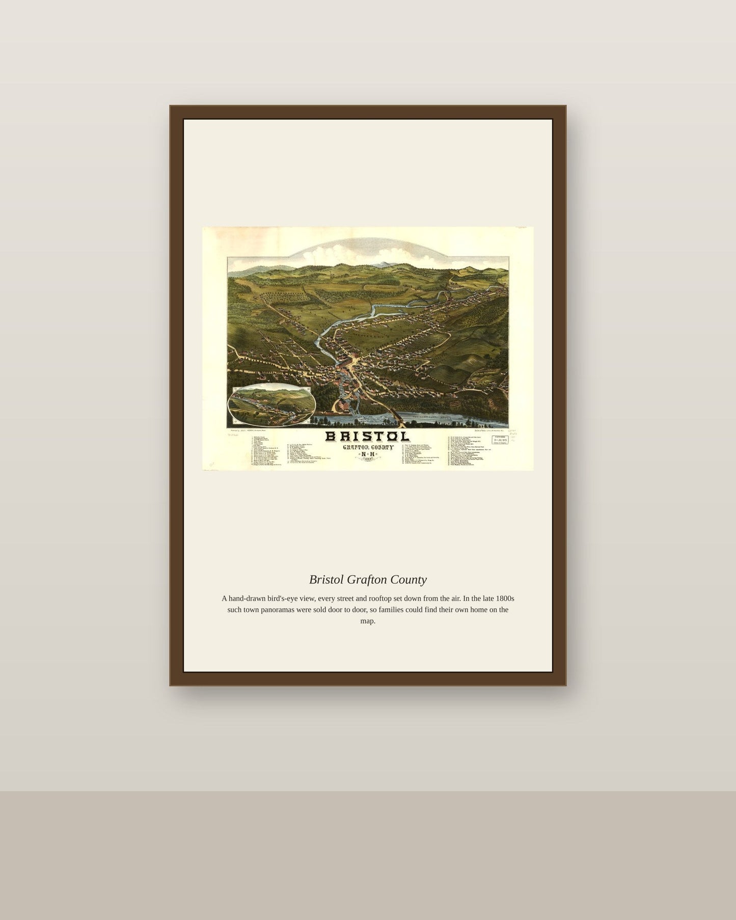 Bristol Grafton County antique map print shown framed on a wall in a styled room