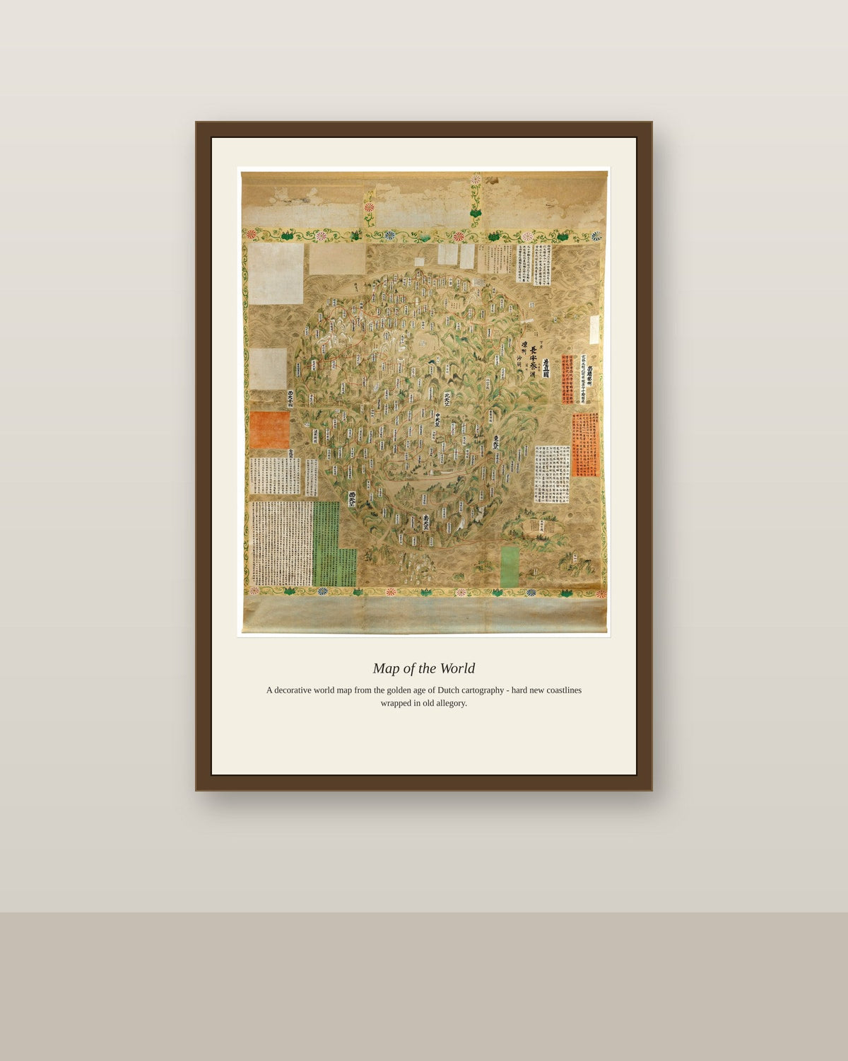Buddhist Map of the World antique world map print shown framed on a wall in a styled room