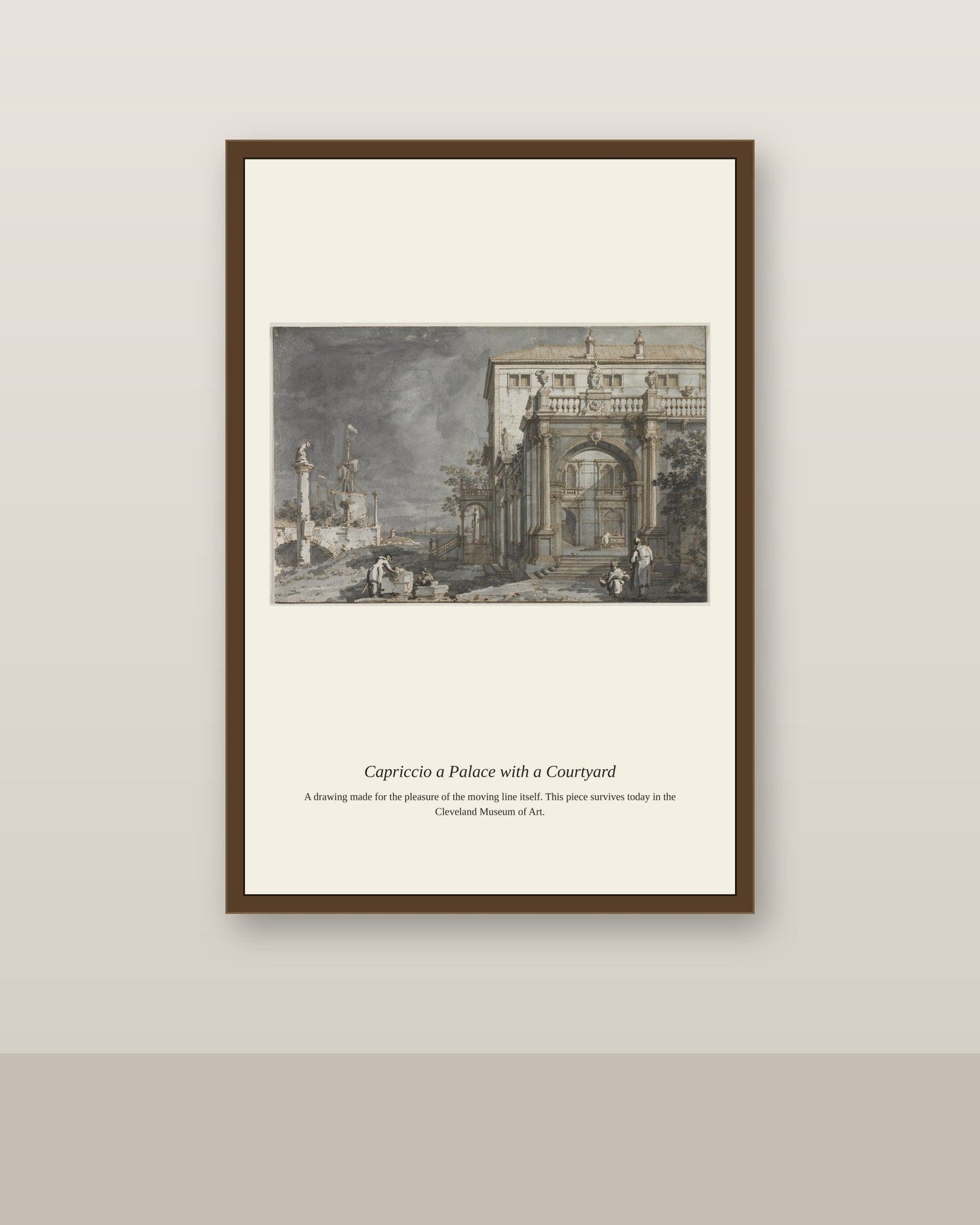 Capriccio a Palace with a Courtyard antique architectural print shown framed on a wall in a styled room