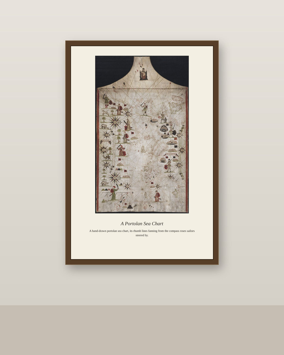 Carte Nautique de L'Atlantique Nord antique nautical chart print shown framed on a wall in a styled room