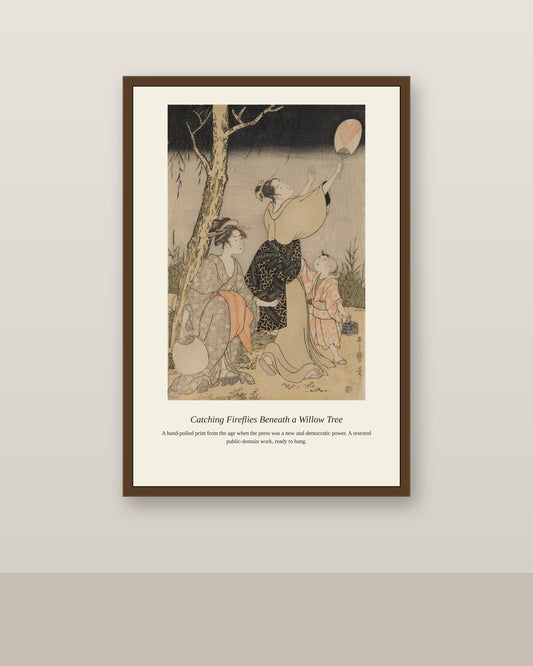 Catching Fireflies Beneath a Willow Tree (2) antique art print shown framed on a wall in a styled room