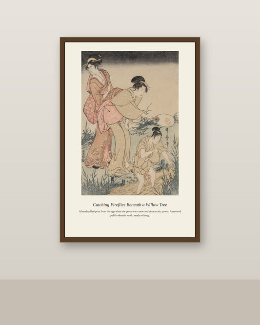 Catching Fireflies Beneath a Willow Tree (3) antique art print shown framed on a wall in a styled room