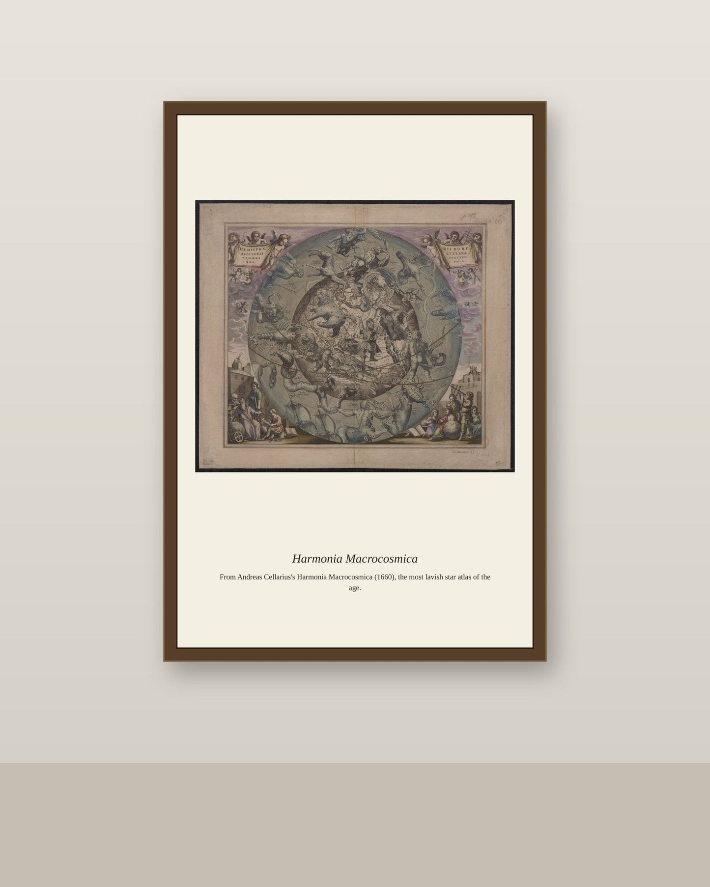 Cellarius Celestial Chart (18) antique celestial print shown framed on a wall in a styled room