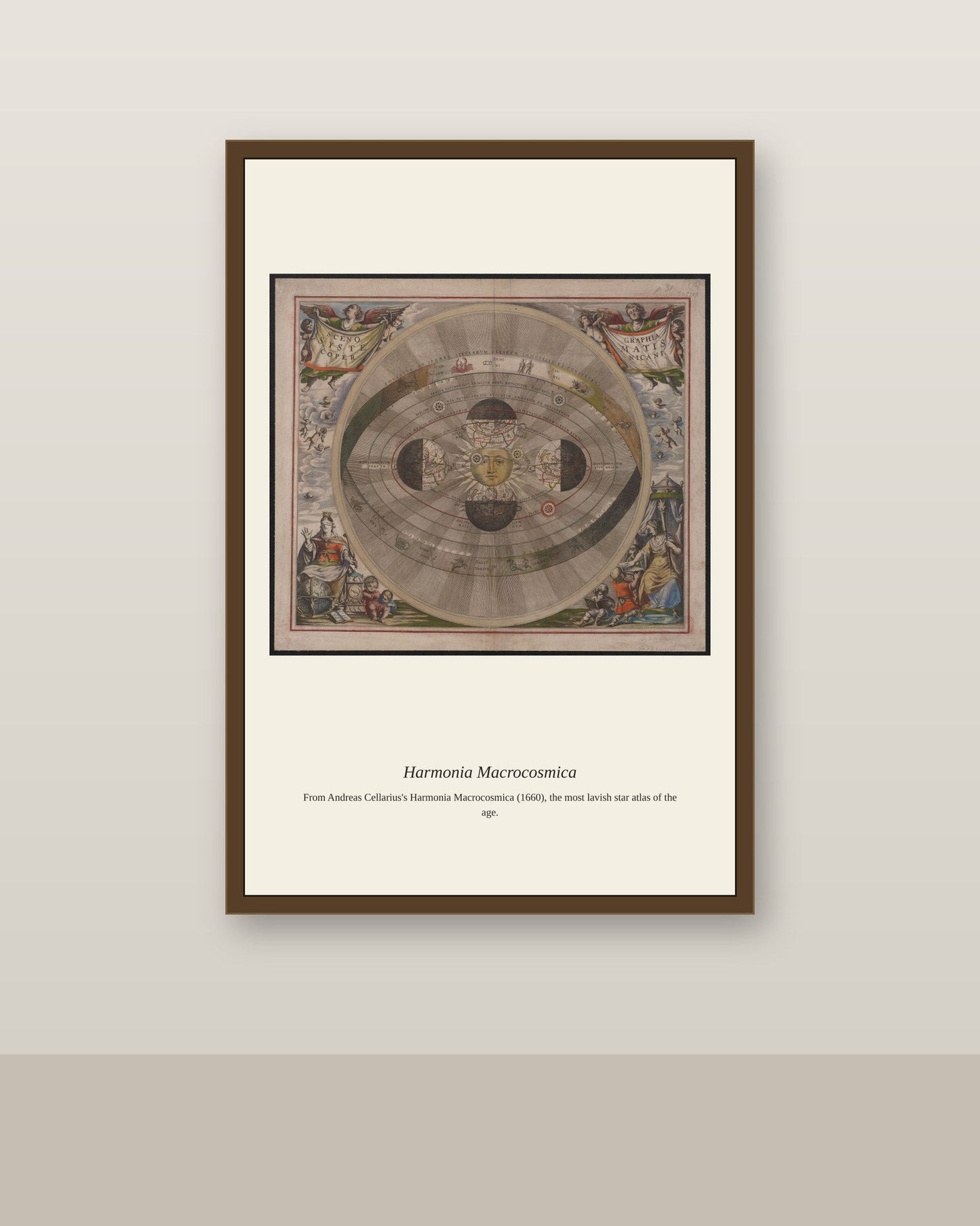Cellarius Celestial Chart (22) antique celestial print shown framed on a wall in a styled room