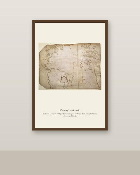Chart of the Atlantic Ocean antique nautical chart print shown framed on a wall in a styled room