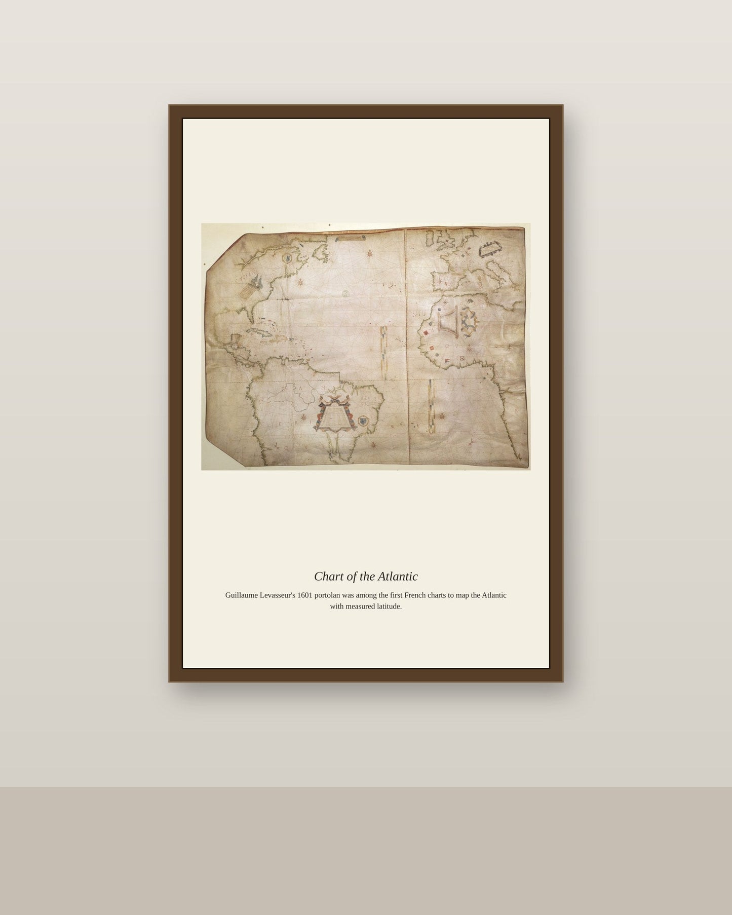 Chart of the Atlantic Ocean (2) antique nautical chart print shown framed on a wall in a styled room