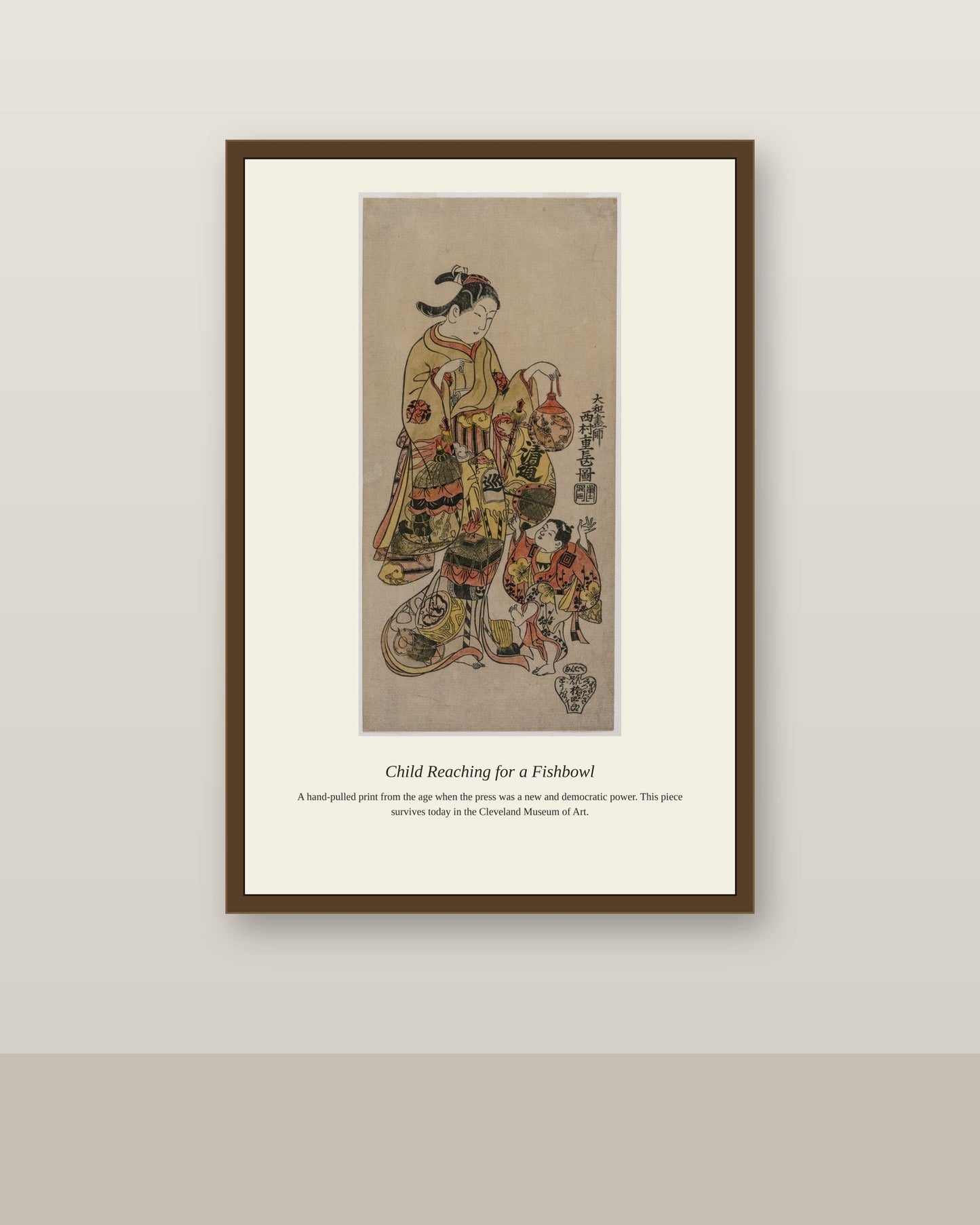 Child Reaching for a Fishbowl antique natural history print shown framed on a wall in a styled room