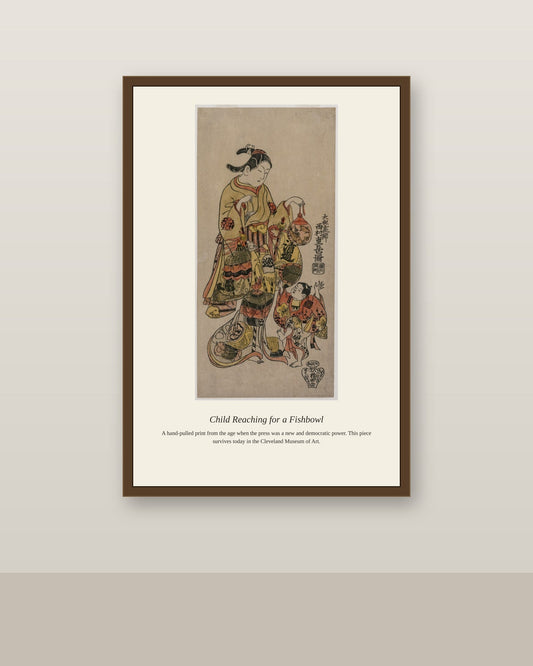 Child Reaching for a Fishbowl antique natural history print shown framed on a wall in a styled room