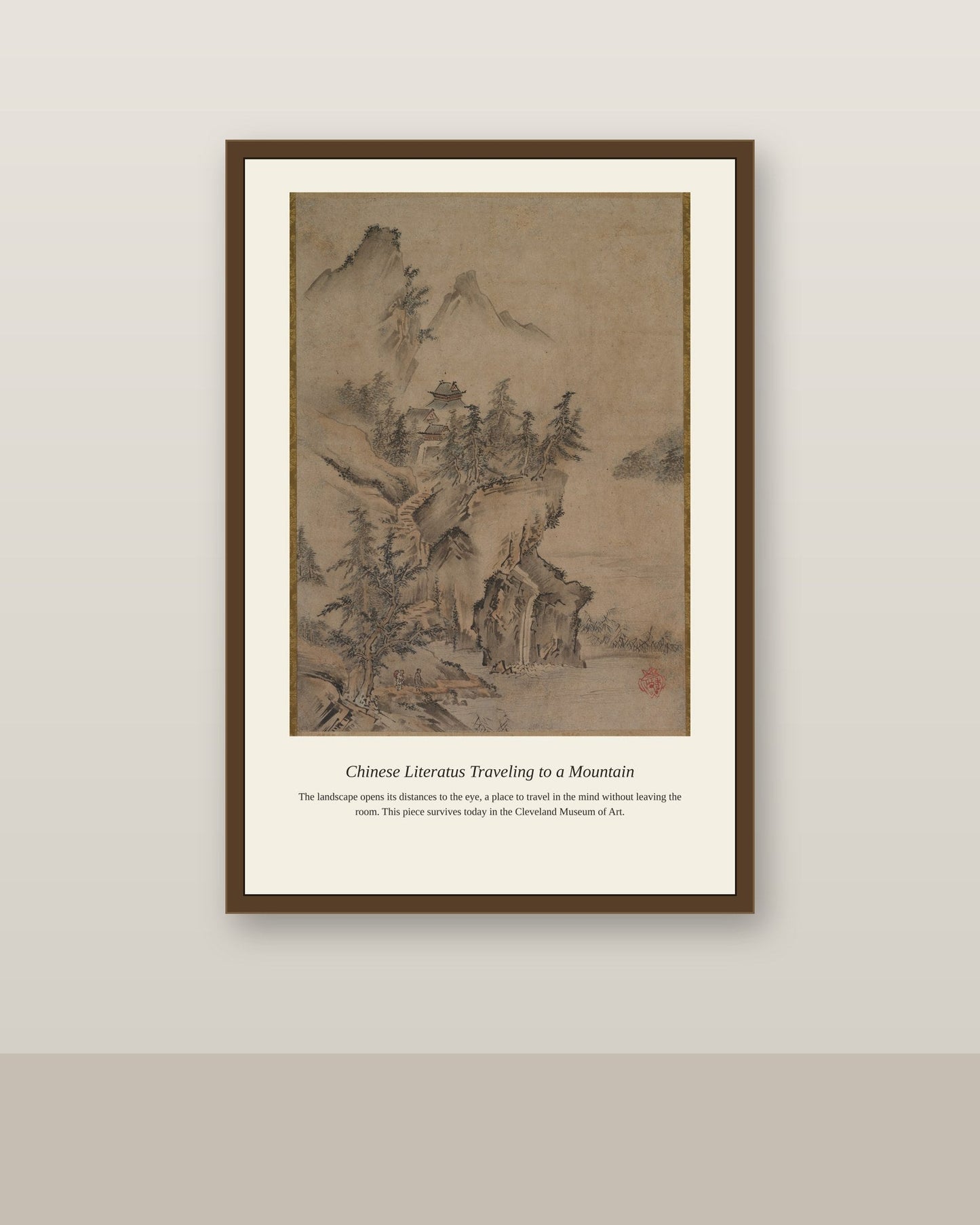 Chinese Literatus Traveling to a Mountain antique landscape print shown framed on a wall in a styled room