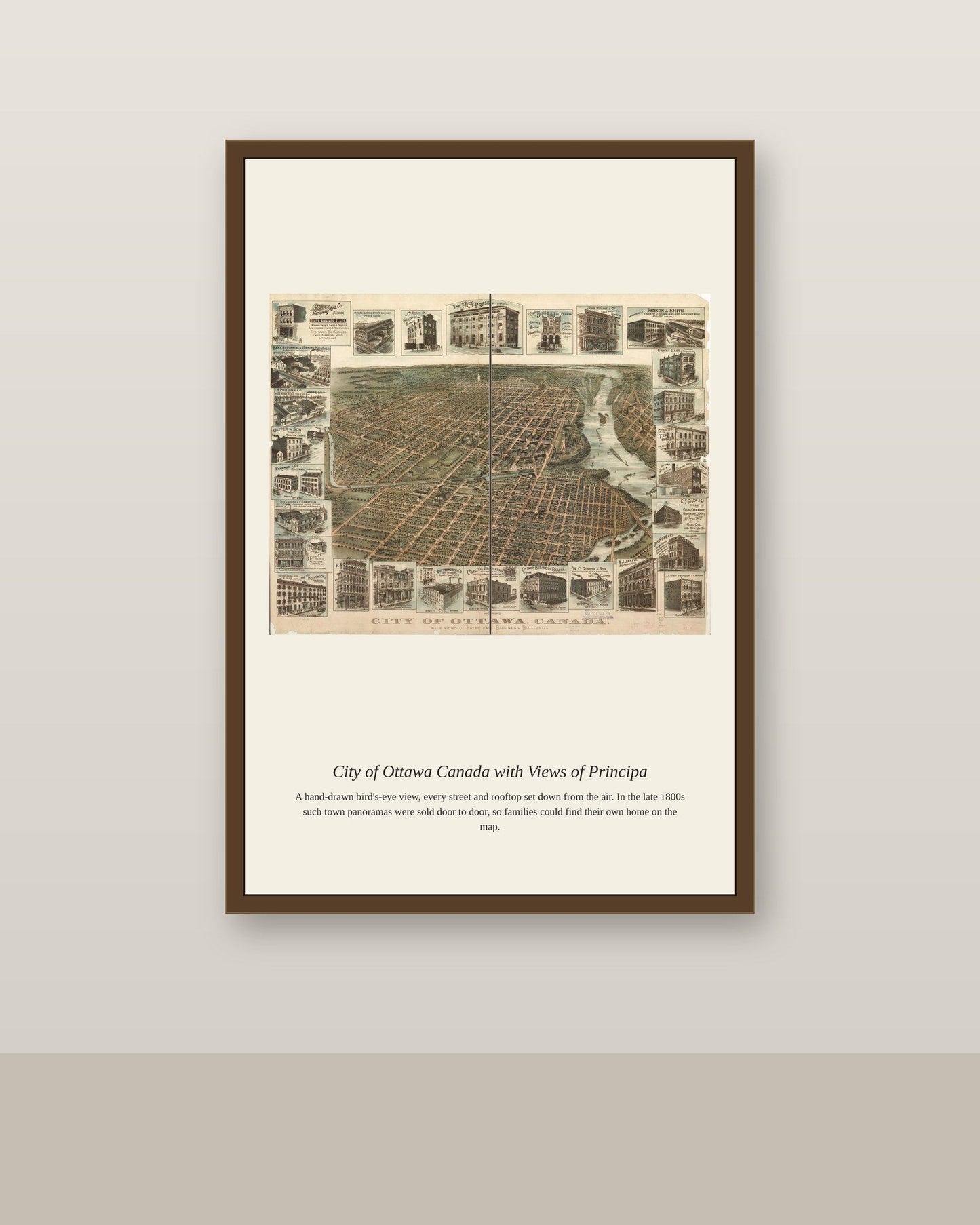 City of Ottawa Canada with Views of Principa antique map print shown framed on a wall in a styled room