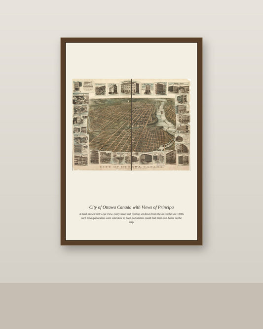 City of Ottawa Canada with Views of Principa antique map print shown framed on a wall in a styled room