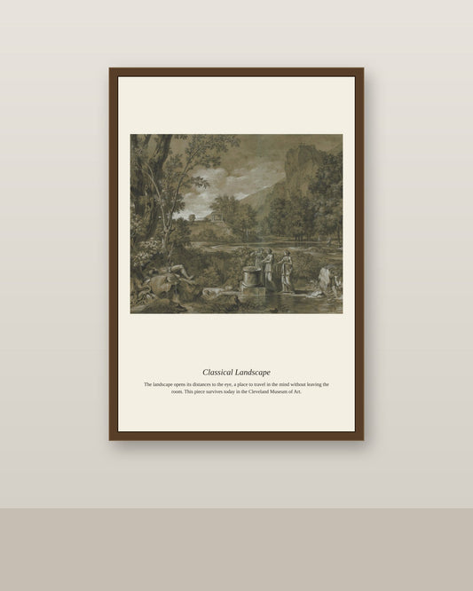 Classical Landscape antique landscape print shown framed on a wall in a styled room