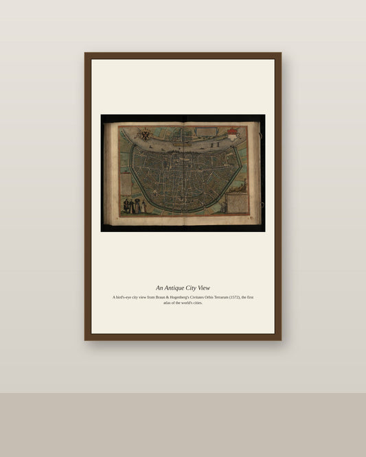 Cologne antique city map print shown framed on a wall in a styled room