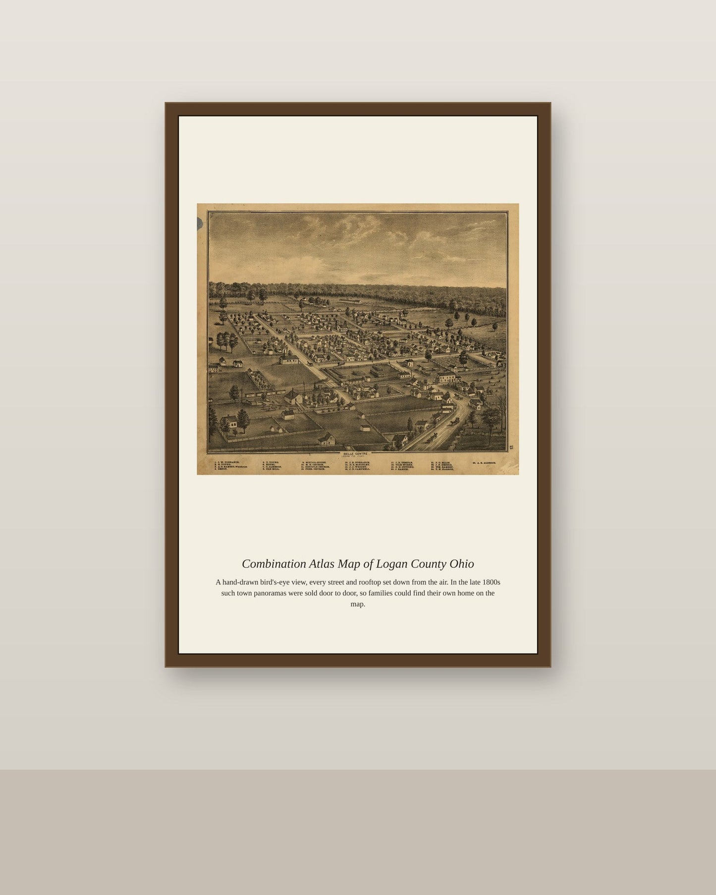 Combination Atlas Map of Logan County Ohio antique map print shown framed on a wall in a styled room
