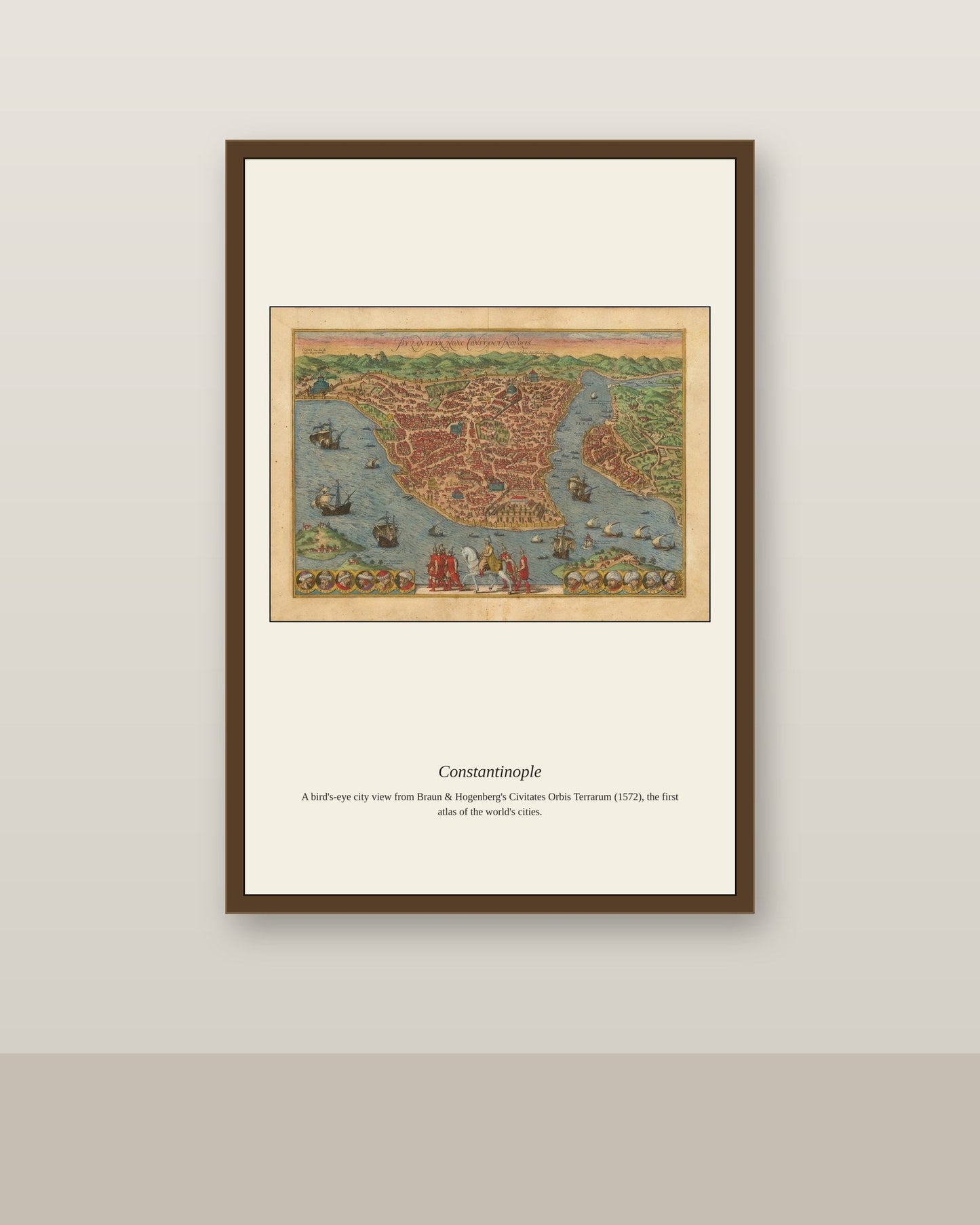Constantinople (2) antique city map print shown framed on a wall in a styled room