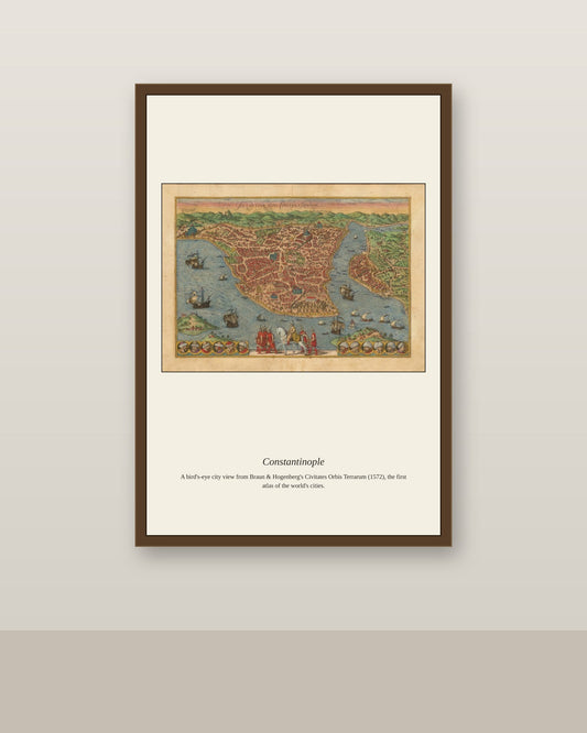 Constantinople (2) antique city map print shown framed on a wall in a styled room