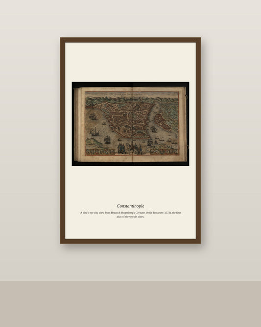 Constantinople (3) antique city map print shown framed on a wall in a styled room