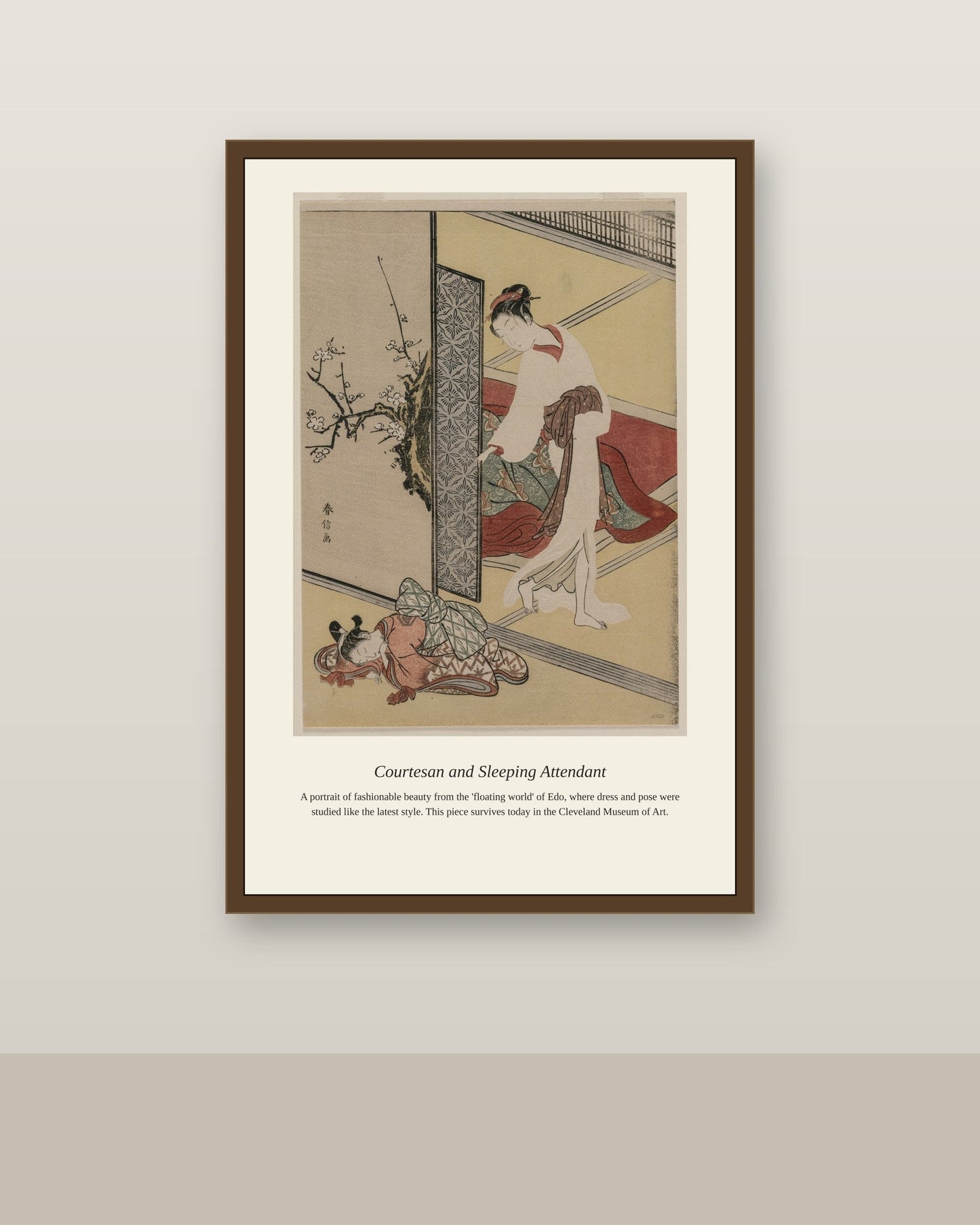 Courtesan and Sleeping Attendant antique portrait print shown framed on a wall in a styled room