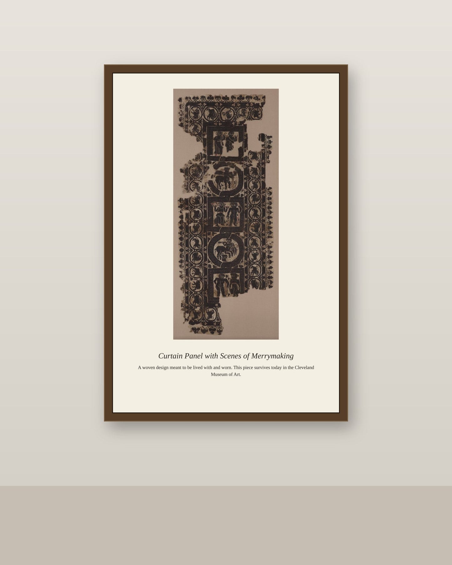 Curtain Panel with Scenes of Merrymaking antique textile print shown framed on a wall in a styled room