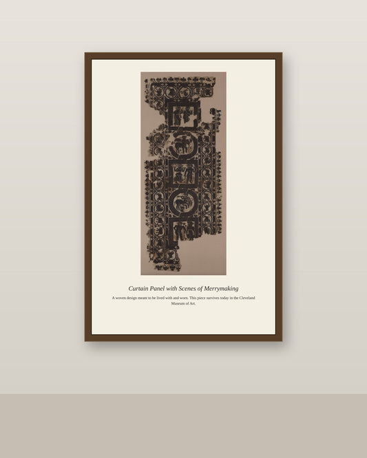 Curtain Panel with Scenes of Merrymaking antique textile print shown framed on a wall in a styled room
