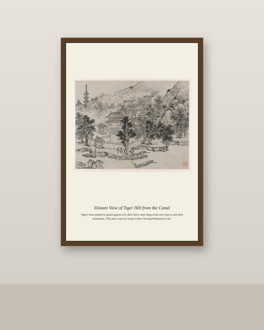 Distant View of Tiger Hill antique natural history print shown framed on a wall in a styled room