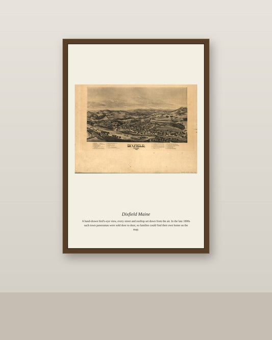 Dixfield Maine antique map print shown framed on a wall in a styled room
