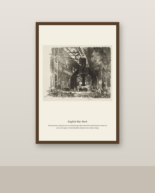 English War Work (2) antique historical print shown framed on a wall in a styled room