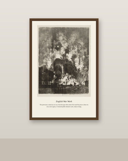 English War Work (4) antique historical print shown framed on a wall in a styled room