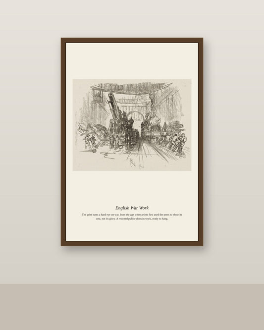 English War Work (8) antique historical print shown framed on a wall in a styled room