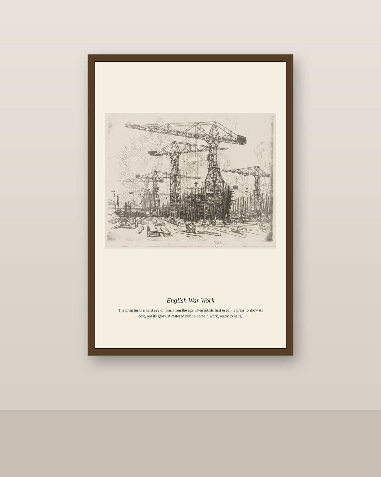 English War Work (9) antique historical print shown framed on a wall in a styled room