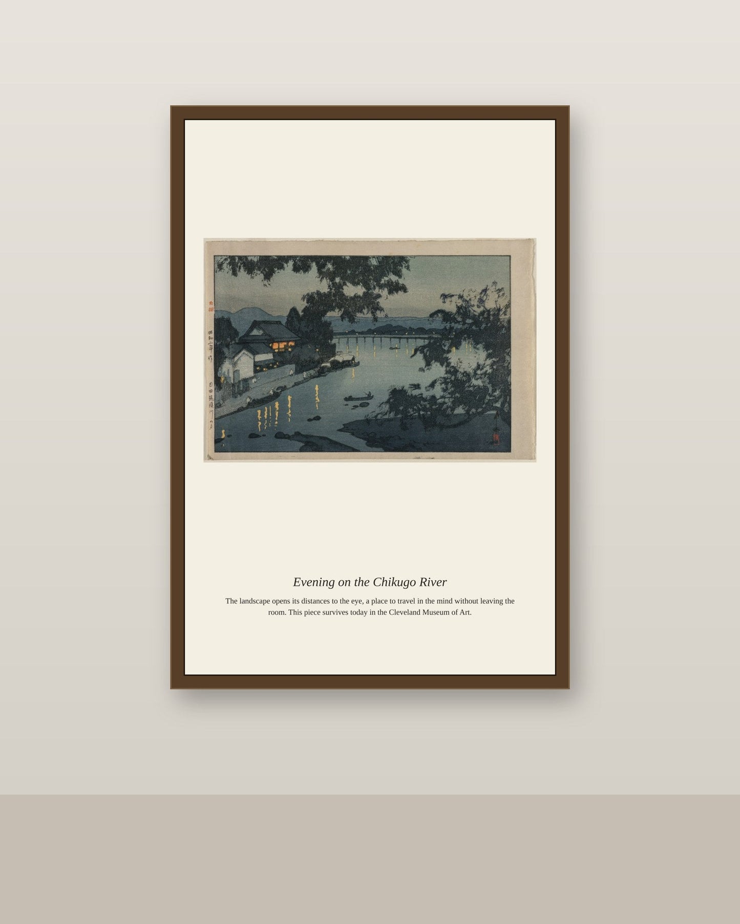Evening on the Chikugo River antique landscape print shown framed on a wall in a styled room