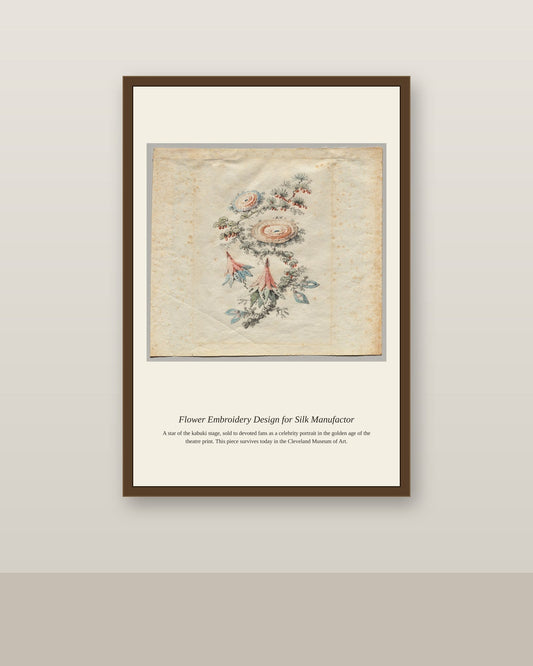 Flower Embroidery Design for Silk Manufactor antique botanical print shown framed on a wall in a styled room